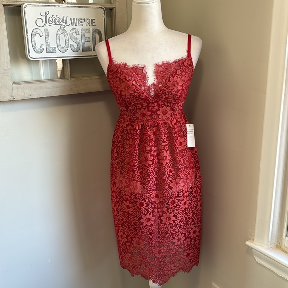For Love And Lemons x Revolve Gianna Lace Midi Dress Red Tan NWT